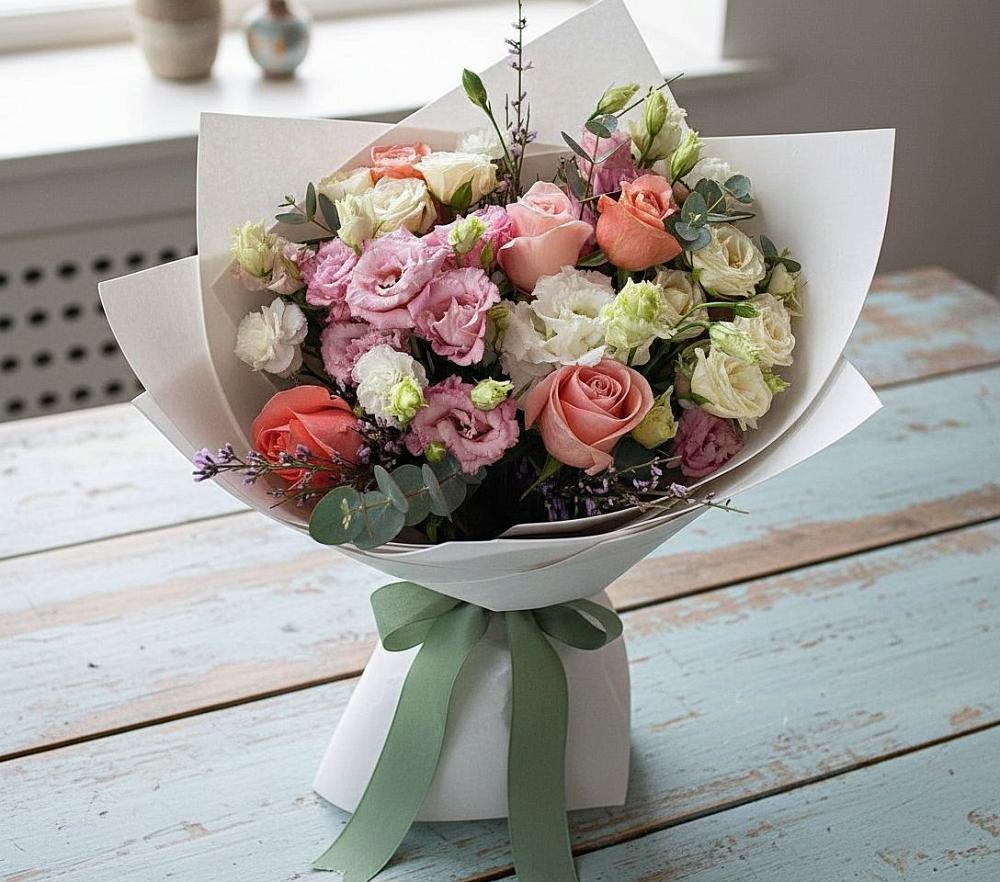 Букет цветов из: Розы, Лизиантусы и Гвоздики в Костенках